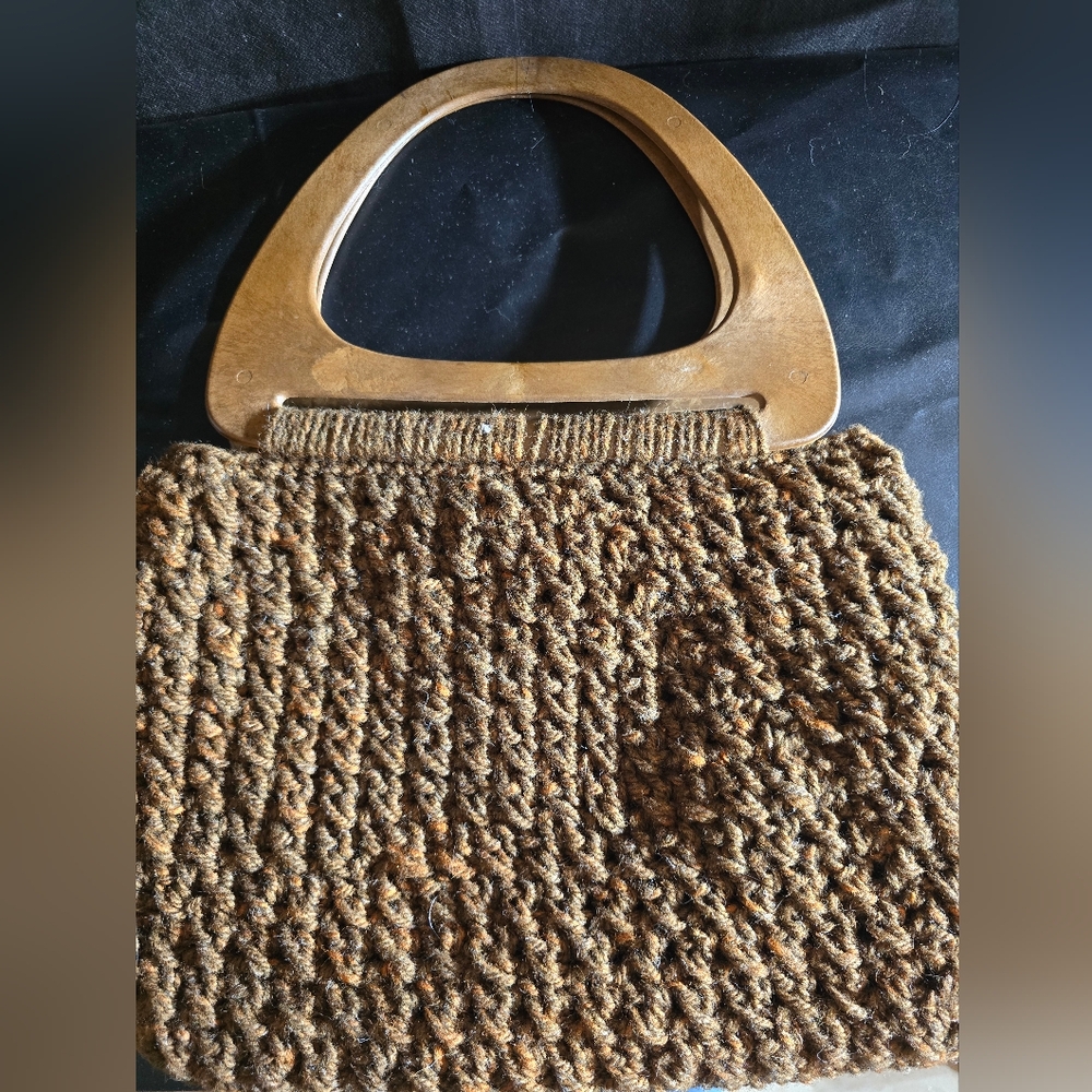 Brown Knit Women's Bag with Wooden Handles